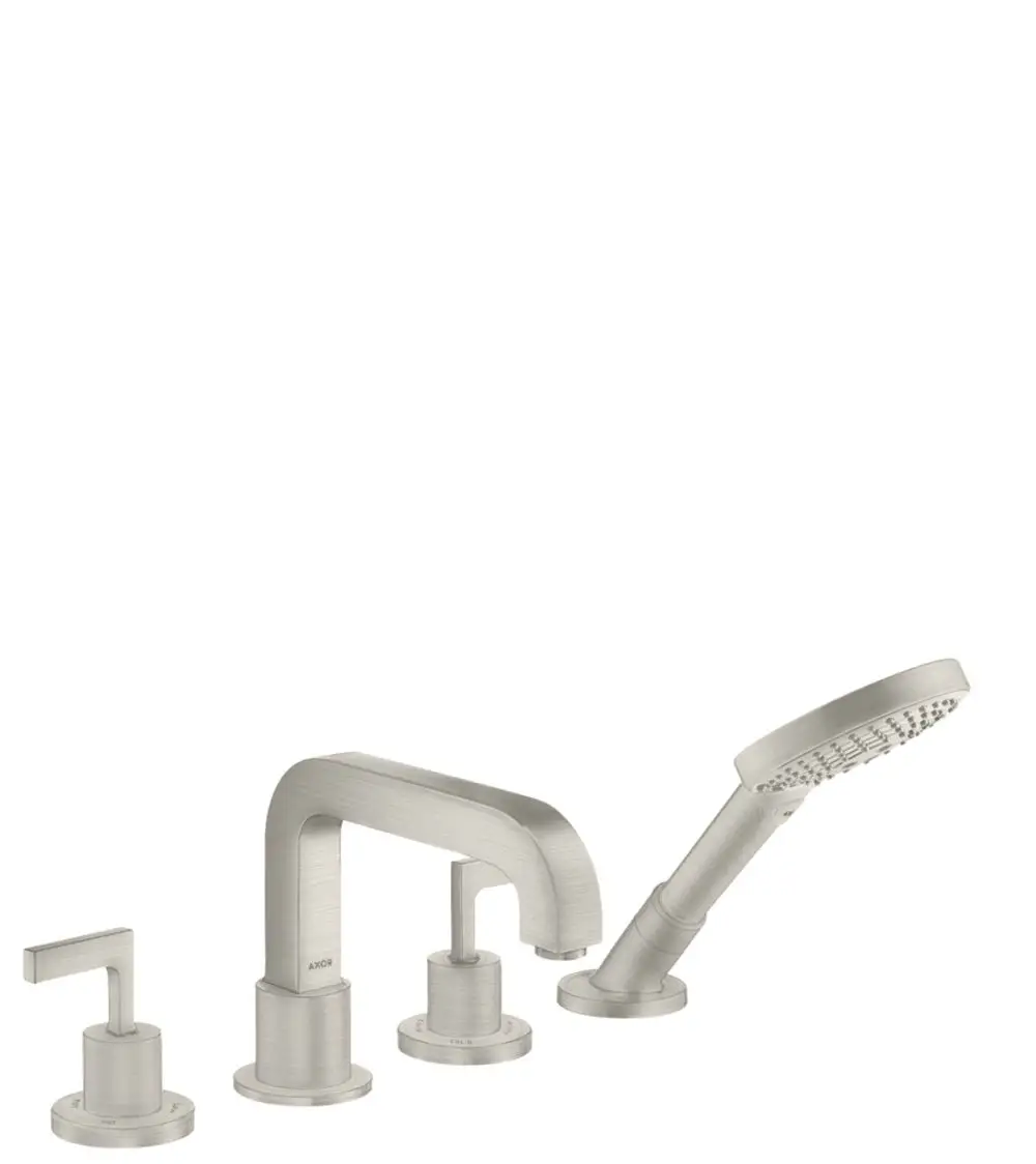 Armatur mit vier Teilen von AXOR, bestehend aus einem Wasserhahn und zwei Hebelgriffen sowie einer Handbrause in Edelstahl-Optik, geeignet für Wannenrandmontage.